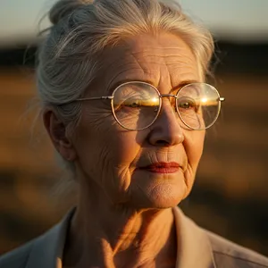 A ultra high-resolution portrait of an elderly woman with silver hair and bifocal glasses, each lens reflecting a distant landscape, captured in warm late-afternoon sunlight - Google Imagen 3.0