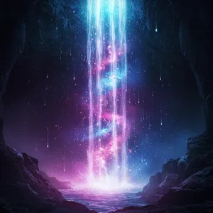 A waterfall that pours out stars and galaxies instead of water, illustrated in a cosmic fantasy style with vibrant space colors and dramatic lighting effects. - Google Imagen 3.0