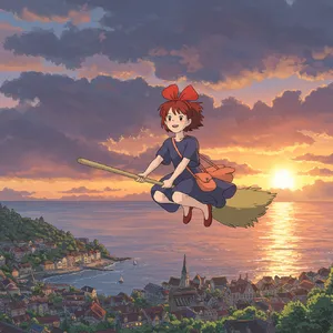 A young witch flying on a broomstick above a coastal town at sunset. Exact art style of 'Kiki's Delivery Service' by Studio Ghibli, with Miyazaki's character design and warm colors. - Google Imagen 3.0