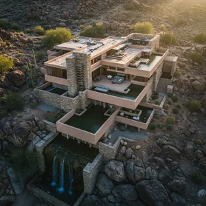 Aerial view of a modernist desert home, in the style of Frank Lloyd Wright's Fallingwater but adapted to desert conditions. Show integration with rocky landscape and water features. - Google Imagen 3.0