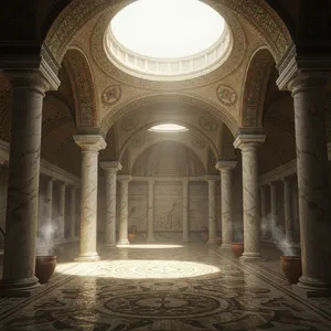 An ancient Roman bathhouse interior with accurate architectural details - marble columns, mosaic floors, arched ceilings, and steam rising from pools. Natural light from oculus openings. - Google Imagen 3.0