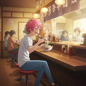 An anime scene of a character eating ramen at a small shop counter (slice-of-life style). - Google Imagen 3.0