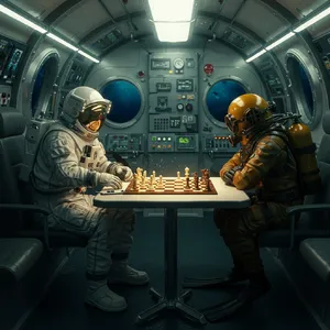 An astronaut and a deep-sea diver playing chess together inside a submarine. - Google Imagen 3.0
