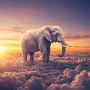 An elephant made of clouds floating in a sunset sky, rendered in a surrealist photorealistic style with ethereal golden lighting and atmospheric depth. - Google Imagen 3.0