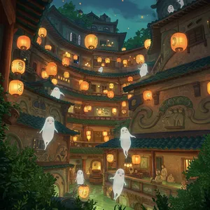 An enchanted bathhouse with glowing lanterns and spirits. Recreate the visual style of 'Spirited Away' by Studio Ghibli, with Miyazaki's ornate architecture and magical atmosphere. - Google Imagen 3.0