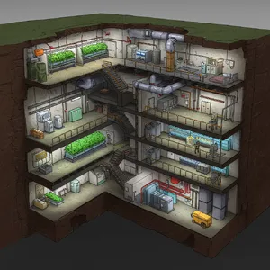 Cross-section rendering of a multi-level underground bunker with different functional areas, structural support systems, ventilation, and power generation facilities visible. - Google Imagen 3.0