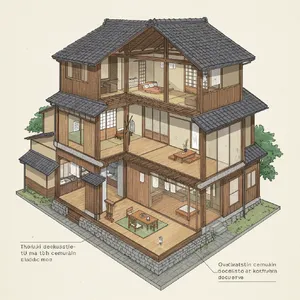 Cutaway architectural drawing of a traditional Japanese machiya townhouse showing all rooms and structural elements. Include accurate proportions, traditional joinery, and typical spatial organization. - Google Imagen 3.0