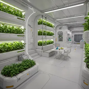 Interior of a futuristic space habitat with hydroponics gardens, communal areas, and living quarters. Show curved walls, artificial gravity considerations, and multipurpose furniture designs. - Google Imagen 3.0