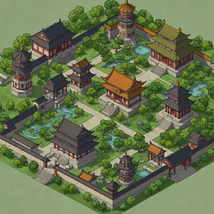 Isometric architectural illustration of an ancient Chinese temple complex showing multiple pavilions, gardens, and ceremonial spaces. Include proper roof structures and traditional ornamentation. - Google Imagen 3.0