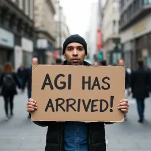 Photorealistic daytime street photograph, clearly showing a man standing still on a busy urban street corner holding a rectangular cardboard sign clearly facing camera, handwritten bold black marker text clearly readable as 