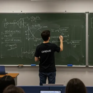 Photorealistic depiction of a man wearing a clearly visible black OpenAI-branded T-shirt. He is standing at the front of a university lecture hall, writing complex mathematics and AI-related equations across a large, dusty chalkboard filled with notation - Google Imagen 3.0