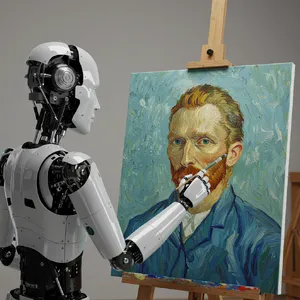 Photorealistic image of a robot painting a realistic self-portrait (i.e. the robot) on canvas, mimicking Van Gogh’s art style; clear, realistic metallic textures and painting details visible - Google Imagen 3.0