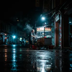 Rain-slicked Singapore street, 3 AM. A lone elderly hawker cleans his cart under one flickering fluorescent light. Steam rises gently. Low-angle shot, photorealistic - Google Imagen 3.0