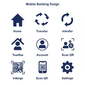 Set of 5 consistent flat design icons for a mobile banking app: 'Home', 'Transfer', 'Account', 'Scan QR', 'Settings'. Monochrome dark blue. - Google Imagen 3.0