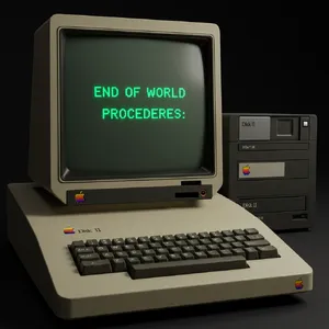 Vintage Apple II computer with green monochrome CRT screen, displaying 'END OF WORLD PROCEDURES' in green text. Two external floppy drives stacked on the right, labeled disk II with rainbow Apple logos. Beige casing, black background, retro aesthetic. - Google Imagen 3.0
