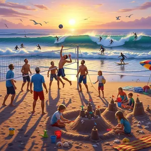 A beach scene: adults playing volleyball, kids building sandcastles, and surfers riding waves. - Google Imagen 4.0 Ultra