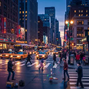 A busy city intersection with cars, pedestrians, and street performers all in one frame. - Google Imagen 4.0 Ultra