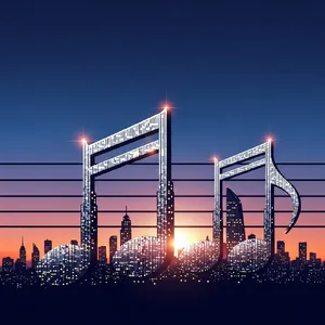 A city skyline that forms the shape of musical notes on a staff, created in a stylized graphic design aesthetic with clean architectural lines and dramatic twilight colors. - Google Imagen 4.0 Ultra