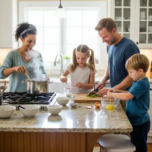 A family cooking together in a kitchen, each person busy with a different task. - Google Imagen 4.0 Ultra