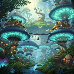 A forest of giant mushrooms with houses built on top of them, rendered in a whimsical Studio Ghibli-inspired art style with vibrant colors and fantastical details. - Google Imagen 4.0 Ultra