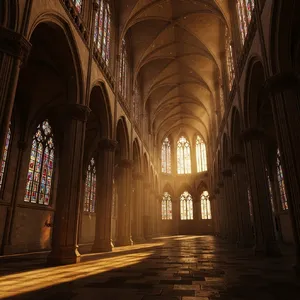 A Gothic cathedral interior at sunset with light streaming through detailed stained glass windows, creating colored patterns on stone floors and columns. Show accurate ribbed vaulting. - Google Imagen 4.0 Ultra