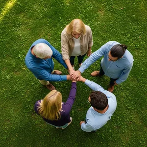 A group of five people joining hands in a circle, seen from above. - Google Imagen 4.0 Ultra