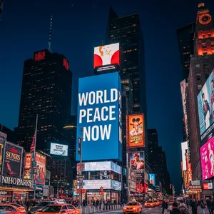 A large storefront billboard at Times Square displaying the slogan “WORLD PEACE NOW” in bold, clear letters, amidst a vibrant cityscape at night. - Google Imagen 4.0 Ultra