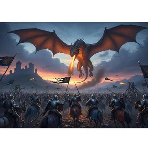 A medieval battlefield with knights on horseback and a dragon flying overhead. - Google Imagen 4.0 Ultra