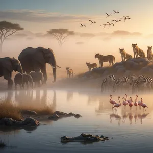 A misty dawn at an African savanna watering hole where elephants, lions, and zebras coexist in tense harmony, with a crocodile partially submerged in the foreground and flamingos taking flight in the background, golden hour lighting. - Google Imagen 4.0 Ultra