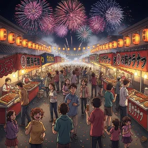 A nighttime festival with fireworks in the sky, food stalls lined up, and crowds mingling. - Google Imagen 4.0 Ultra