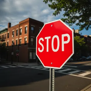 A red stop sign on a street corner displaying the word 
