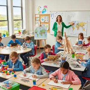 A school classroom of children and a teacher, each student engaged in a different activity. - Google Imagen 4.0 Ultra
