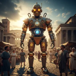 A steampunk robot time-traveling in ancient Rome, depicted in a detailed cinematic style that blends historical accuracy with copper and brass retrofuturistic aesthetics. - Google Imagen 4.0 Ultra