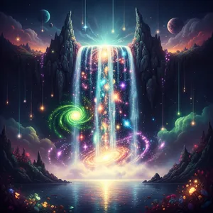 A waterfall that pours out stars and galaxies instead of water, illustrated in a cosmic fantasy style with vibrant space colors and dramatic lighting effects. - Google Imagen 4.0 Ultra