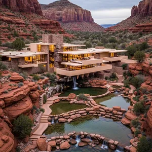 Aerial view of a modernist desert home, in the style of Frank Lloyd Wright's Fallingwater but adapted to desert conditions. Show integration with rocky landscape and water features. - Google Imagen 4.0 Ultra