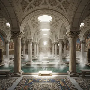 An ancient Roman bathhouse interior with accurate architectural details - marble columns, mosaic floors, arched ceilings, and steam rising from pools. Natural light from oculus openings. - Google Imagen 4.0 Ultra