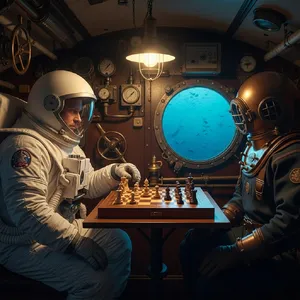 An astronaut and a deep-sea diver playing chess together inside a submarine. - Google Imagen 4.0 Ultra