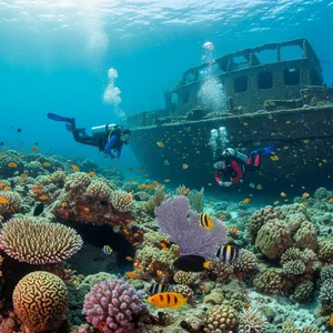 An underwater scene with scuba divers exploring a coral reef alongside colorful fish and a sunken ship. - Google Imagen 4.0 Ultra