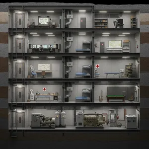 Cross-section rendering of a multi-level underground bunker with different functional areas, structural support systems, ventilation, and power generation facilities visible. - Google Imagen 4.0 Ultra