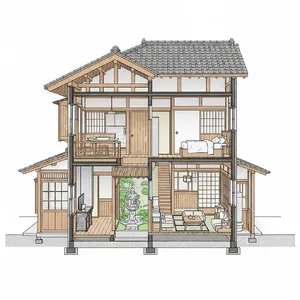 Cutaway architectural drawing of a traditional Japanese machiya townhouse showing all rooms and structural elements. Include accurate proportions, traditional joinery, and typical spatial organization. - Google Imagen 4.0 Ultra