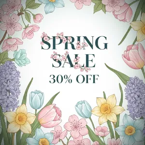 Instagram post graphic: 'SPRING SALE 30% OFF'. Floral background, pastel colors, elegant serif font style visually integrated. - Google Imagen 4.0 Ultra