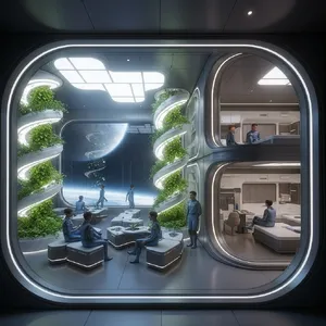Interior of a futuristic space habitat with hydroponics gardens, communal areas, and living quarters. Show curved walls, artificial gravity considerations, and multipurpose furniture designs. - Google Imagen 4.0 Ultra