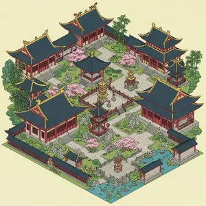 Isometric architectural illustration of an ancient Chinese temple complex showing multiple pavilions, gardens, and ceremonial spaces. Include proper roof structures and traditional ornamentation. - Google Imagen 4.0 Ultra
