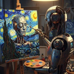 Photorealistic image of a robot painting a realistic self-portrait (i.e. the robot) on canvas, mimicking Van Gogh’s art style; clear, realistic metallic textures and painting details visible - Google Imagen 4.0 Ultra