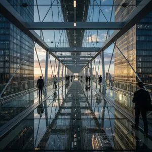 Photorealistic rendering of a contemporary glass skybridge between two skyscrapers, seen from inside with city views visible through glass walls and floor. Show accurate reflections and structural details. - Google Imagen 4.0 Ultra