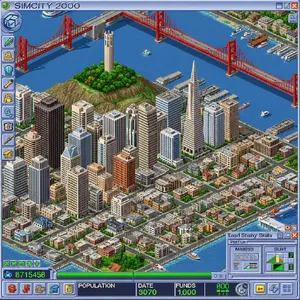 Pixel art cityscape of San Francisco in the iconic SimCity 2000 style, isometric view, detailed skyscrapers, residential areas, clearly identifiable Golden Gate Bridge, Coit Tower, Transamerica Pyramid, surrounded by the classic SimCity 2000 UI elements - Google Imagen 4.0 Ultra