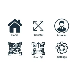 Set of 5 consistent flat design icons for a mobile banking app: 'Home', 'Transfer', 'Account', 'Scan QR', 'Settings'. Monochrome dark blue. - Google Imagen 4.0 Ultra