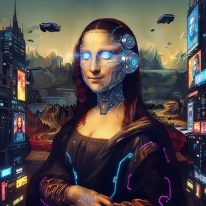The Mona Lisa reimagined as a futuristic android, rendered in a digital art style that preserves Da Vinci's composition while incorporating sleek cyberpunk aesthetics and technological elements. - Google Imagen 4.0 Ultra