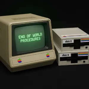 Vintage Apple II computer with green monochrome CRT screen, displaying 'END OF WORLD PROCEDURES' in green text. Two external floppy drives stacked on the right, labeled disk II with rainbow Apple logos. Beige casing, black background, retro aesthetic. - Google Imagen 4.0 Ultra