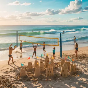A beach scene: adults playing volleyball, kids building sandcastles, and surfers riding waves. - Ideogram Ideogram 3.0 (Quality)